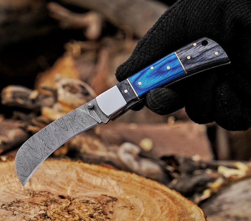 BE BREAK EDGE Hawkbill Knife,Folding Pocket Knife with Curved Blade, Lineman Tools, Damascus Steel construction. (Blue&Grey) - Image 5
